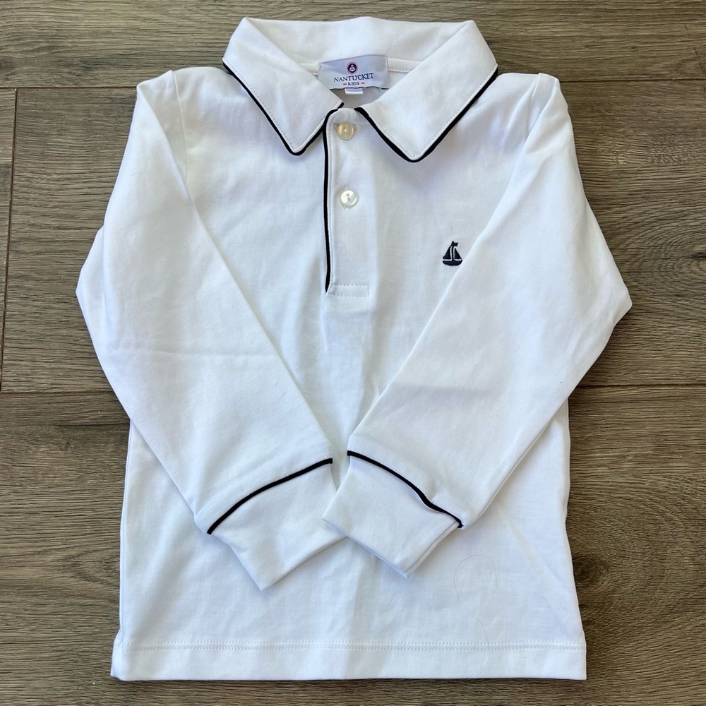 Nantucket 24 month boys Pima Long Sleeve Polo Shirt Sail Sailboat White Navy